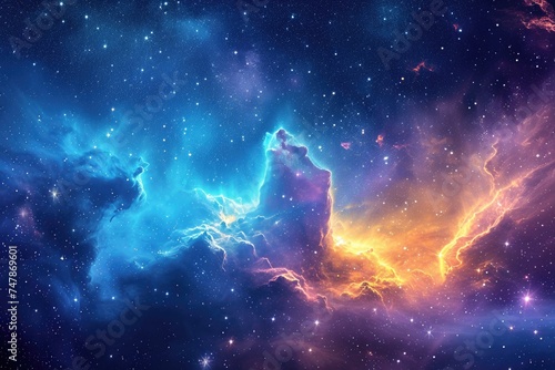 A vibrant and dynamic space showcasing a multitude of stars and swirling clouds, Vivid nebula cloud nestled in a starlit space background, AI Generated