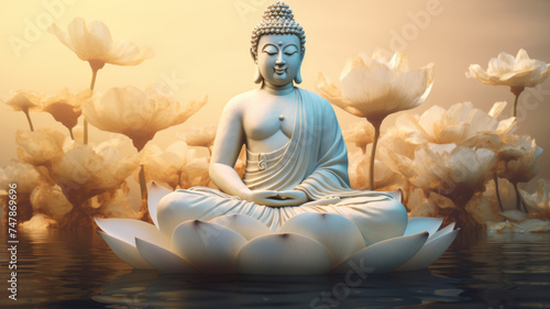 A serene Buddha statue meditating amidst glowing lotuses.