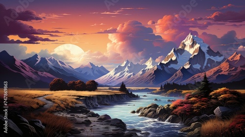 Majestic mountain range with river flowing through
