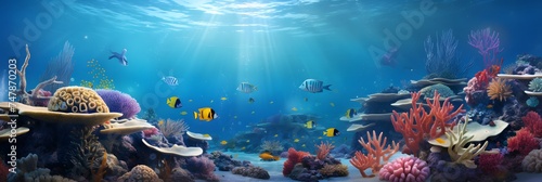 Wide-angle shot of a bustling underwater scene with vivid coral reefs and diverse marine life