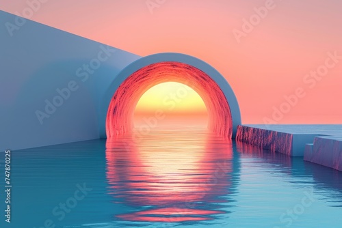 A large rectangular pool with a tunnel running through its middle, surrounded by sun loungers and palm trees, VPN tunnel shown in a minimalist style, AI Generated