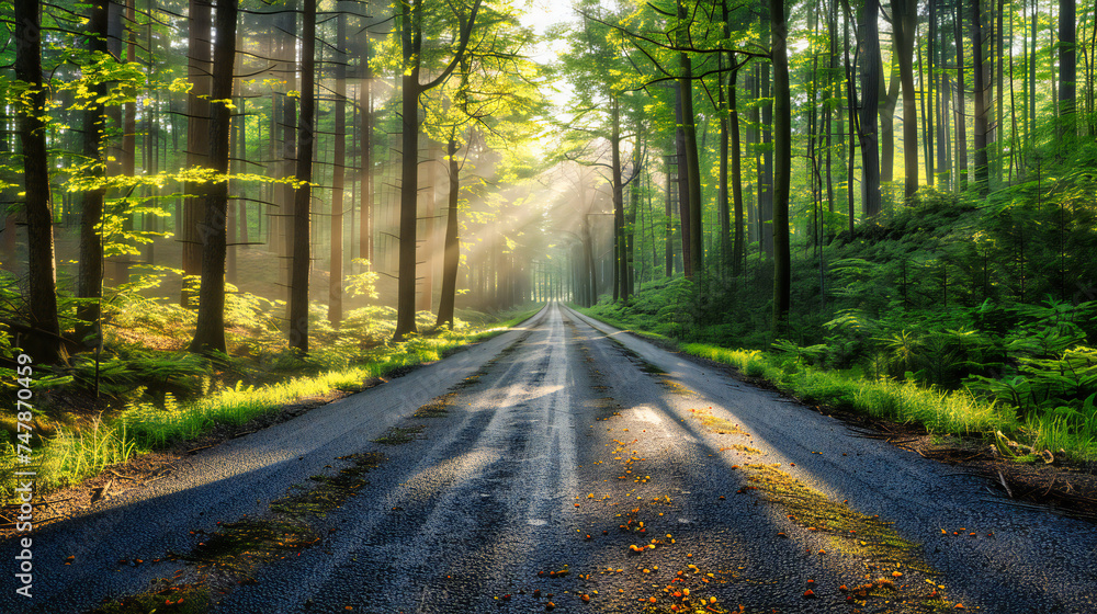 Fototapeta premium Mystical Forest Road, Sunlight Filtering Through Autumn Foliage, Peaceful Morning Walk