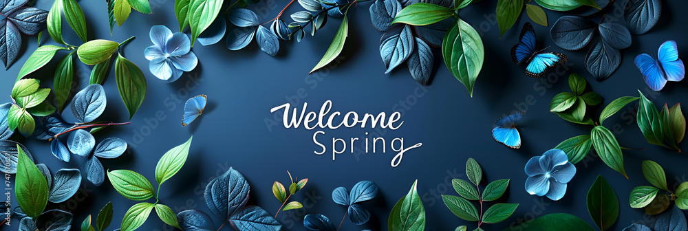 Spring card for the holiday of the vernal equinox with the text welcome spring, showing awakened nature. Banner suitable for design. - obrazy, fototapety, plakaty 