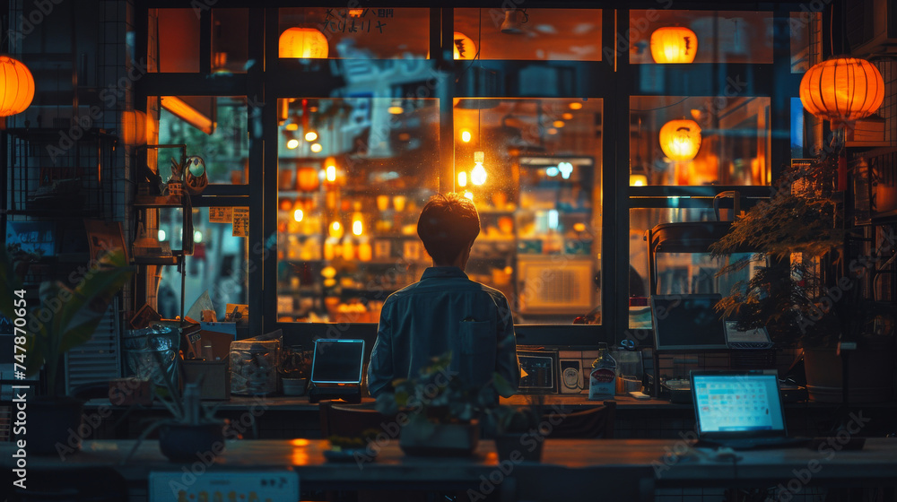A person's back facing the camera, looking at a cozy night city scene with glowing lanterns and shop interiors