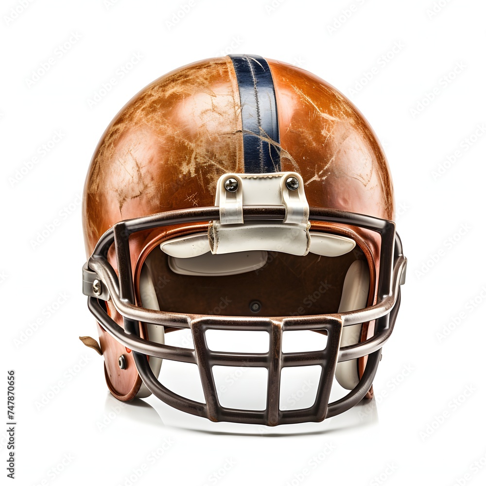 Fototapeta premium An aged leather football helmet from the back, evoking memories of early football history and the evolution of player safety