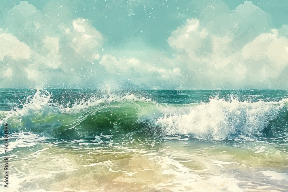 A realistic painting capturing the powerful force of waves crashing ...