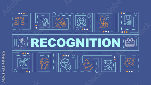 Employee recognition blue word concept. Workplace culture. Typography banner. Flat design. Vector illustration with title text, editable line icons. Ready to use. Arial Black font used