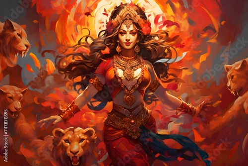 An empowered goddess depicted among lions, rendered in a palette of fiery hues, embodying strength and leadership