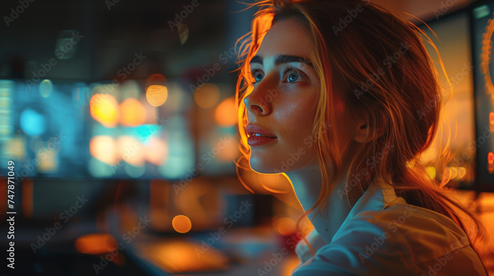 A woman in a dimly lit room faces vibrant display screens, hinting at modern technology's influence in our lives A woman in a dimly lit room faces vibrant display screens, hinting at modern technology's influence in our lives