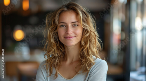 Gentle looking young lady with curly hair, smiling with a serene expression in an indoor setting
