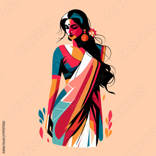 Indian woman wearing a saree colorful abstract vector art