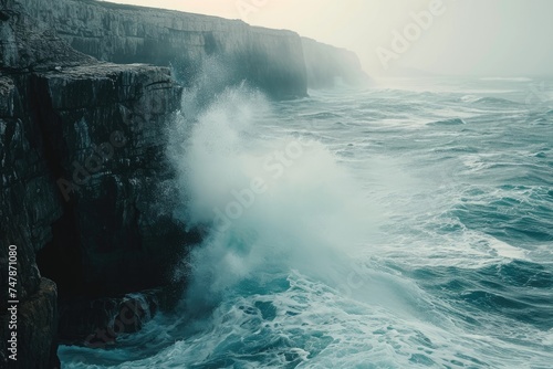 A towering cliff overlooks a vast and expansive body of water, creating a dramatic natural landscape, Waves breaking against an ocean cliff, causing a spray, AI Generated