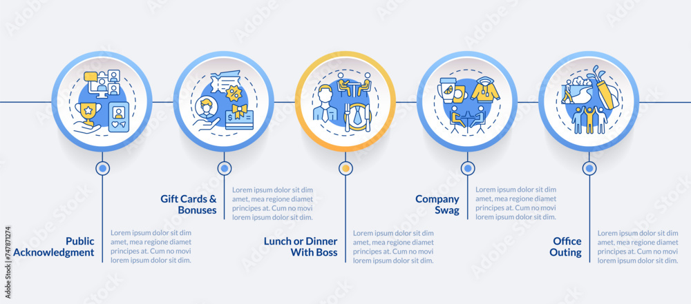 Naklejka premium Employee recognition ideas blue circle infographic template. Data visualization with 5 steps. Editable timeline info chart. Workflow layout with line icons. Lato-Bold, Regular fonts used