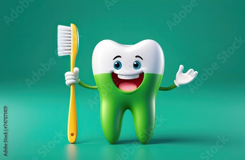 Healthy and cute tooth cartoon character holding toothbrush on green background. Anti-Caries Protection Concept 