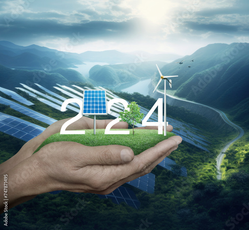 2024 with solar cell, wind turbine and growing tree on green grass field in hands over solar photovoltaics cell farm on mountain in sunny day, Happy new year 2024 ecological cover concept