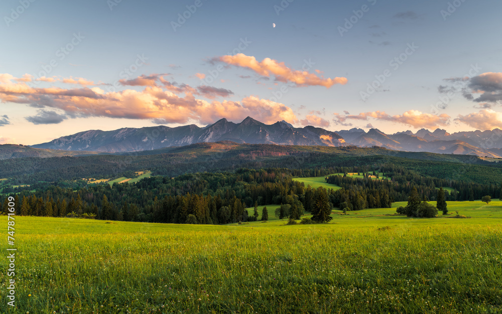 Tatra Mountains, Poland. Panorama of a mountain landscape. Late summer sunset over the mountains.