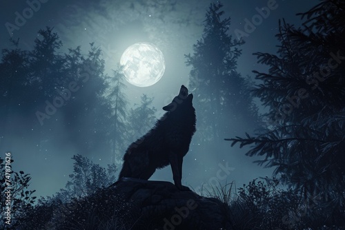 A wolf confidently stands atop a rock amidst a dark forest, illuminated only by the moonlight, Werewolf howling into the midnight sky amidst a spooky forest, AI Generated © Iftikhar alam