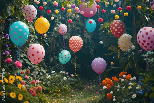 A vibrant assortment of balloons in various colors, floating gracefully in the air at a lively celebratory gathering, Whimsical Birthday balloons in a garden setting, AI Generated