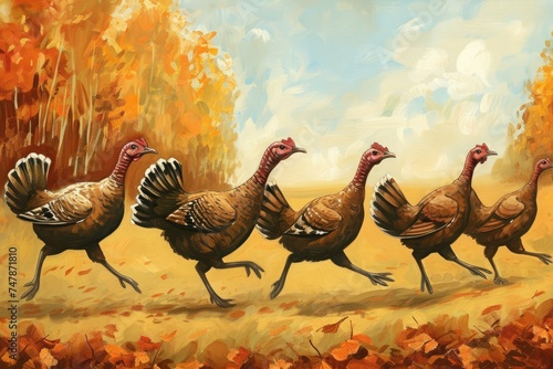 A painting depicting a group of turkeys walking in a line amidst the colorful foliage of an autumn forest, Whimsical depiction of Thanksgiving turkeys running away, AI Generated © Iftikhar alam