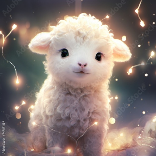 Little LaCute baby sheep on a background of Christmas lights garlands.mb Sitting in Field of Flowers © Boomanoid