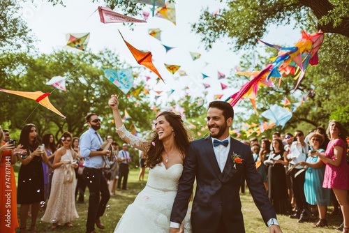 A newly married couple walks hand in hand through a bustling park filled with numerous people, Whimsical kite themed wedding at an open park, AI Generated photo