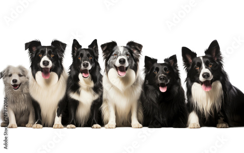 A group of dogs, of various breeds and sizes, sit closely next to each other on the ground. Their tails wag and ears perk up as they look in different directions, displaying a range of expressions. photo