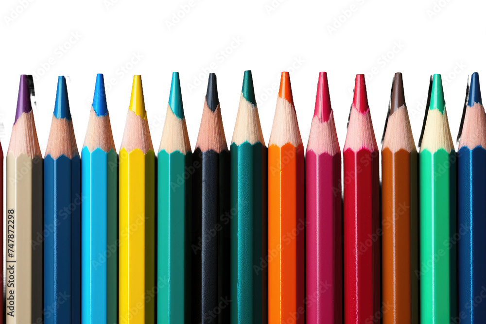 A Row of Colorful Pencils. A row of various colored pencils sitting neatly next to each other on a flat surface. Each pencil is sharpened and stands upright, displaying a range of vibrant hues. A Row of Colorful Pencils. A row of various colored pencils sitting neatly next to each other on a flat surface. Each pencil is sharpened and stands upright, displaying a range of vibrant hues.
