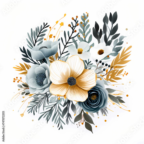 winter floral bouquet with shades of white, red, payne's blue, grey photo