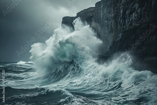 A massive wave crashes forcefully into a rugged cliff, creating a dramatic display of natures strength, Wild waves crashing against cliffs in a storm, AI Generated