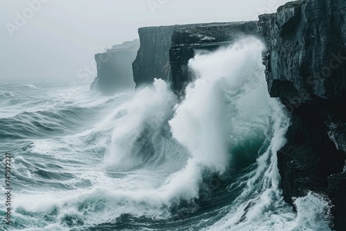 A massive wave forcefully collides with a jagged, rocky cliff, sending a towering spray of water and debris into the air, Wild waves crashing against cliffs in a storm, AI Generated