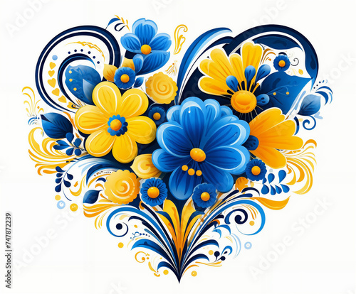 a heart shaped arrangement of flowers with blue and yellow flowers on it's side and a swirly design on the side, generative ai