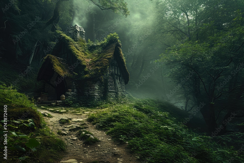A small wooden house stands alone in the midst of a thick forest ...