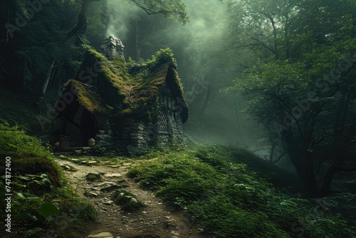 A small wooden house stands alone in the midst of a thick forest, blending seamlessly with the natural surroundings, Windy path leading to an old witch's house in the forest, AI Generated