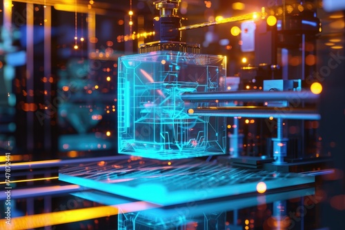 A 3D rendering of a machine in operation inside a laboratory, Wireframe of a 3D printer printing an object, AI Generated