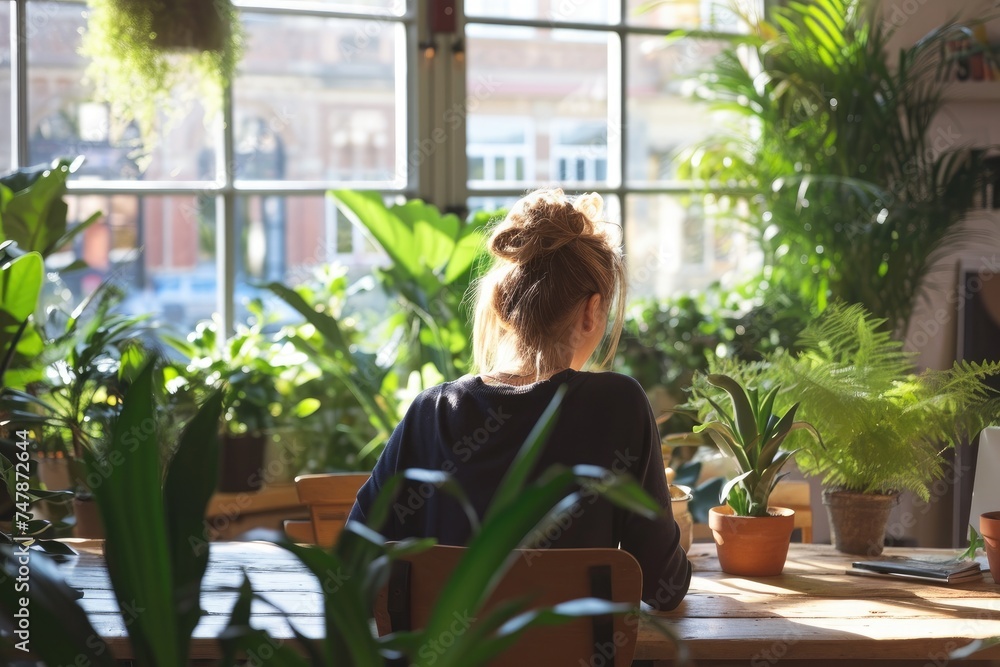 A woman calmly sits at a wooden table outdoors, surrounded by various potted plants, Worker sitting in an eco-friendly office space with plants and daylight, AI Generated