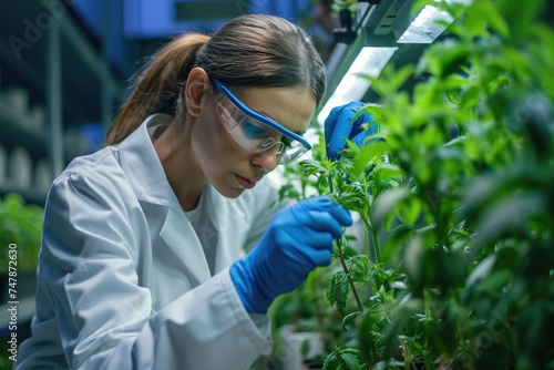 A woman wearing a lab coat and protective goggles carefully examines a plant specimen in a laboratory setting, Woman scientist altering plant DNA, AI Generated