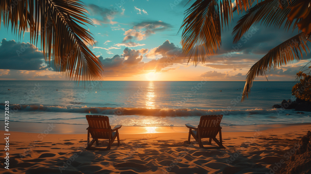 beautiful tropical beach with two deck chairs