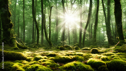 Serene Forest Scene with Sunlight Filtering Through the Trees onto a Mossy Forest Floor