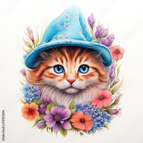 Cute red tabby cat in a blue hat in flowers on a white background.