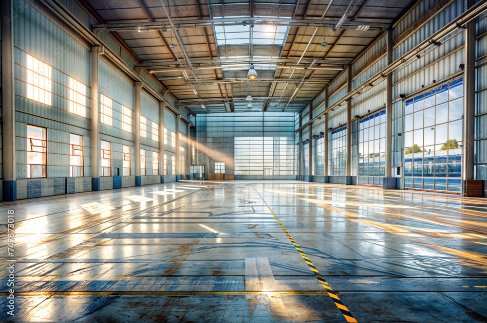Empty Large Industrial Warehouse Indoor. Modern Business Space for Storage and Distribution, Featuring Spacious Flooring and Steel Structure, Horizontal Perspective of Commercial Storage Facility Empty Large Industrial Warehouse Indoor. Modern Business Space for Storage and Distribution, Featuring Spacious Flooring and Steel Structure, Horizontal Perspective of Commercial Storage Facility