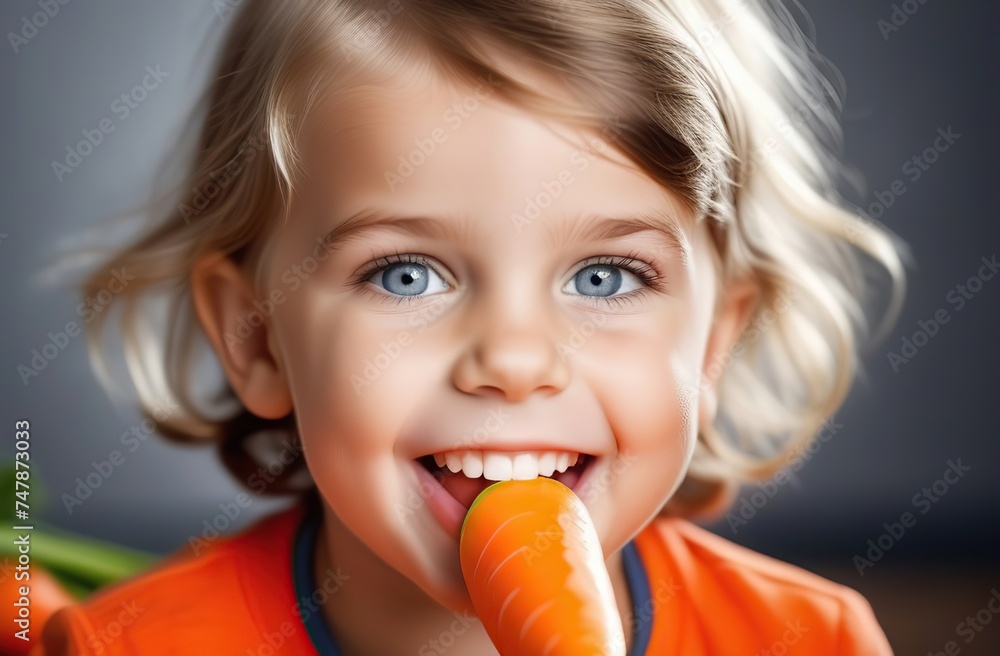 a child with healthy strong white teeth gnaws a carrot. healthy lifestyle concept a child with healthy strong white teeth gnaws a carrot. healthy lifestyle concept