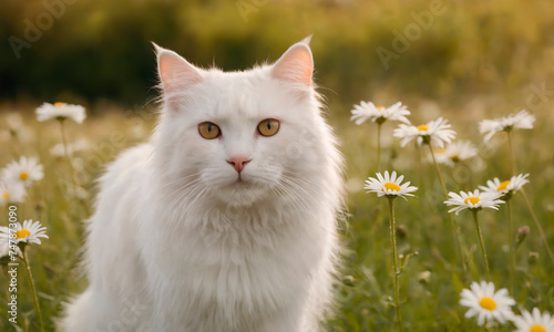 A white cat with fluffy fur is strolling through a vast field covered in blooming daisies.