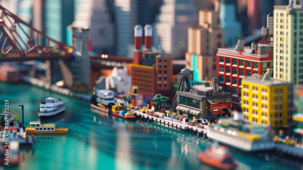 Miniature cityscape exhibits lifelike details with a tilt-shift photography effect.