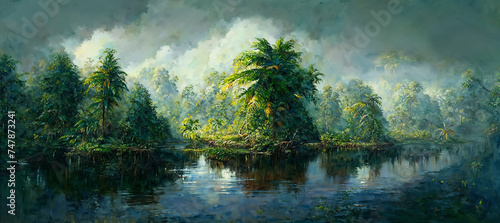 Watercolor like art of a dense and humid unexplored tropical jungle landscape with lush green foliage and murky river.