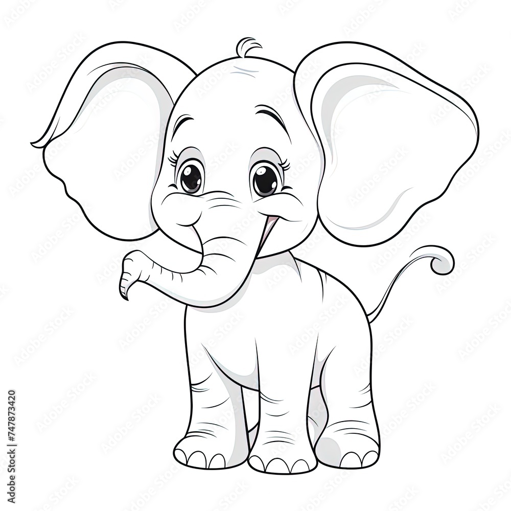 Naklejka premium Cartoon cute baby elephant. Kids coloring Book, black and white Illustration