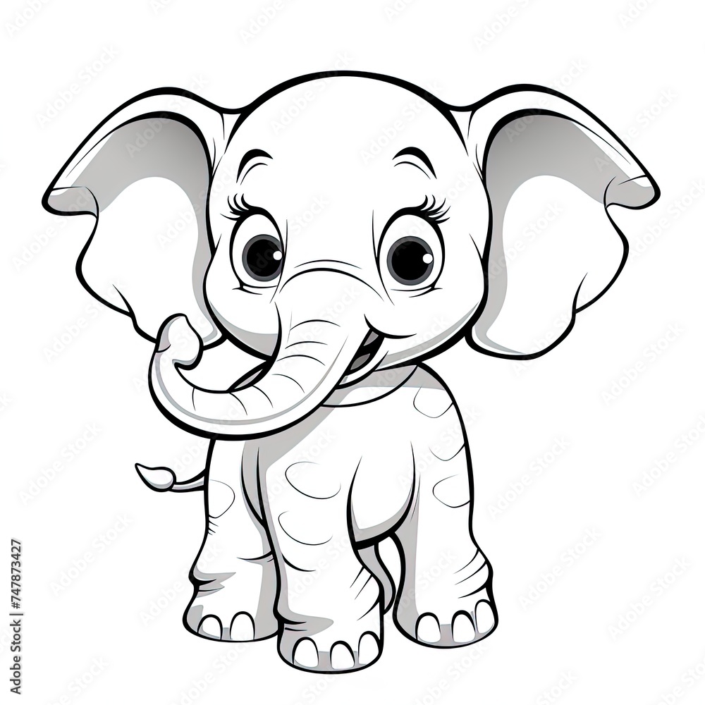 Fototapeta premium Cartoon cute baby elephant. Kids coloring Book, black and white Illustration