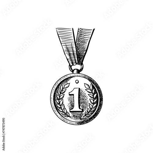 Hand drawn sports sketch trophy award first place medal. Vector illustration