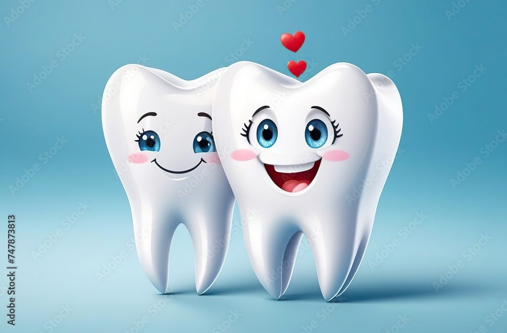 Two white cartoon watercolor teeth with legs and hand fall in love. Dental card for Valentines day with copy space. Teeth do not want to lose each other. Oral dental hygiene. illustration Two white cartoon watercolor teeth with legs and hand fall in love. Dental card for Valentines day with copy space. Teeth do not want to lose each other. Oral dental hygiene. illustration