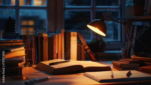 A tranquil study corner, its warmth illuminated by a desk lamp against the twilight.