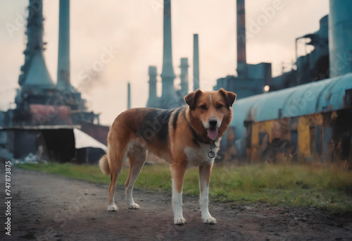 A dog stands on a dirt road in front of a factory, looking around. The factorys large industrial buildings and smokestacks tower behind the dog.
